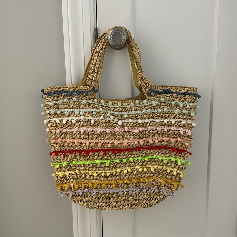 Pom Pom Tote Bag Women’s Beach Summer Vacation - Picture 3 of 11